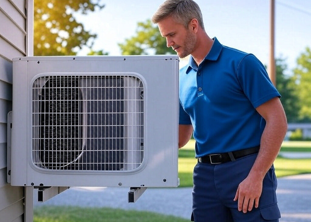 Tri Comfort Solutions technician installing a modern central air conditioning unit at a Bucks County, PA home, delivering the best HVAC A/C installs.